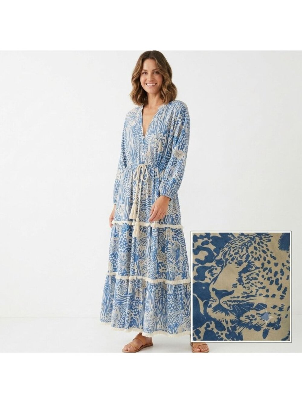Bognar Blu Long Sleeve Blue Animal Print Midi Dress Women Size M Tassel Fringe